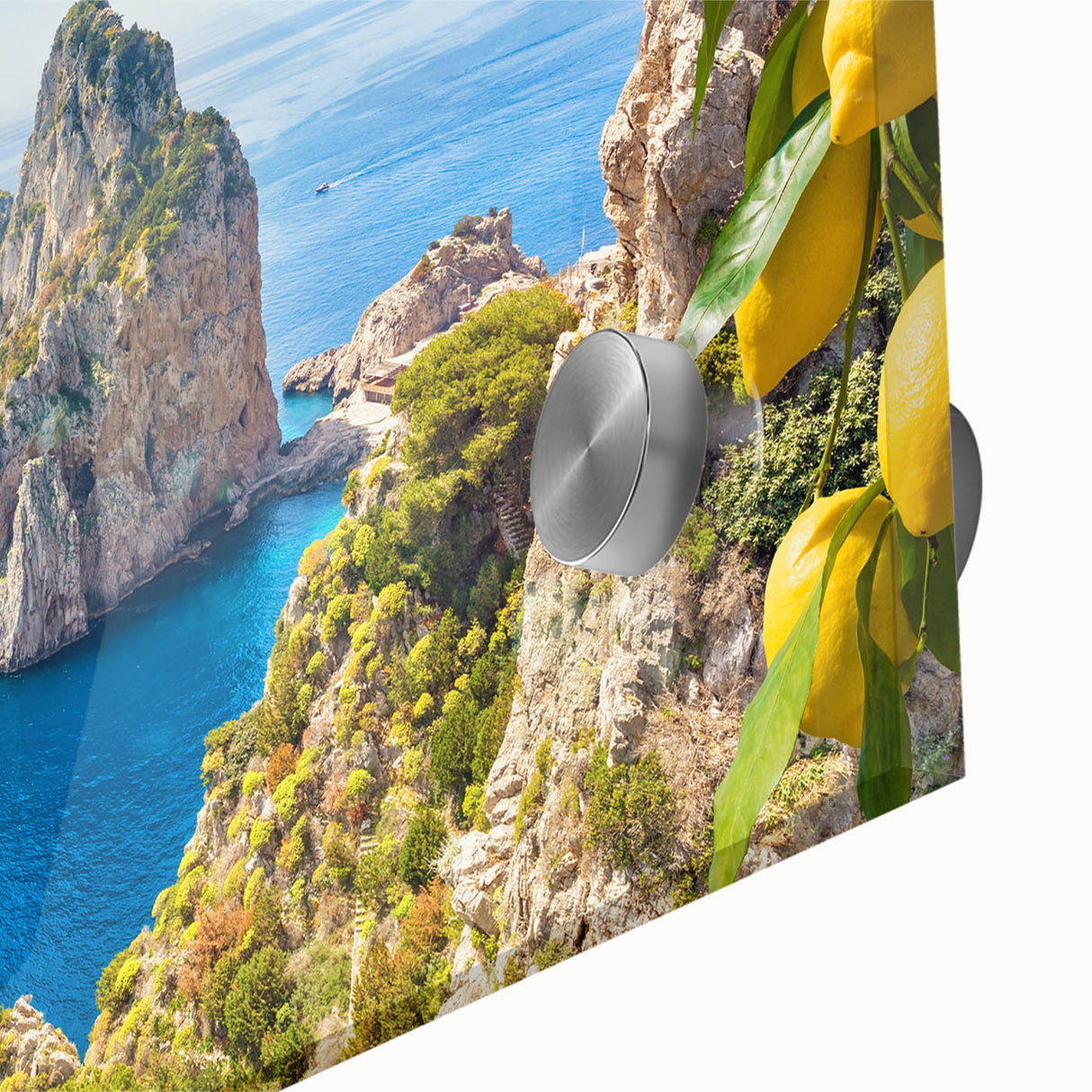 Large abstract depiction of Capri, Italy in muted blue and green tones on acrylic glass, suitable for dining room art.