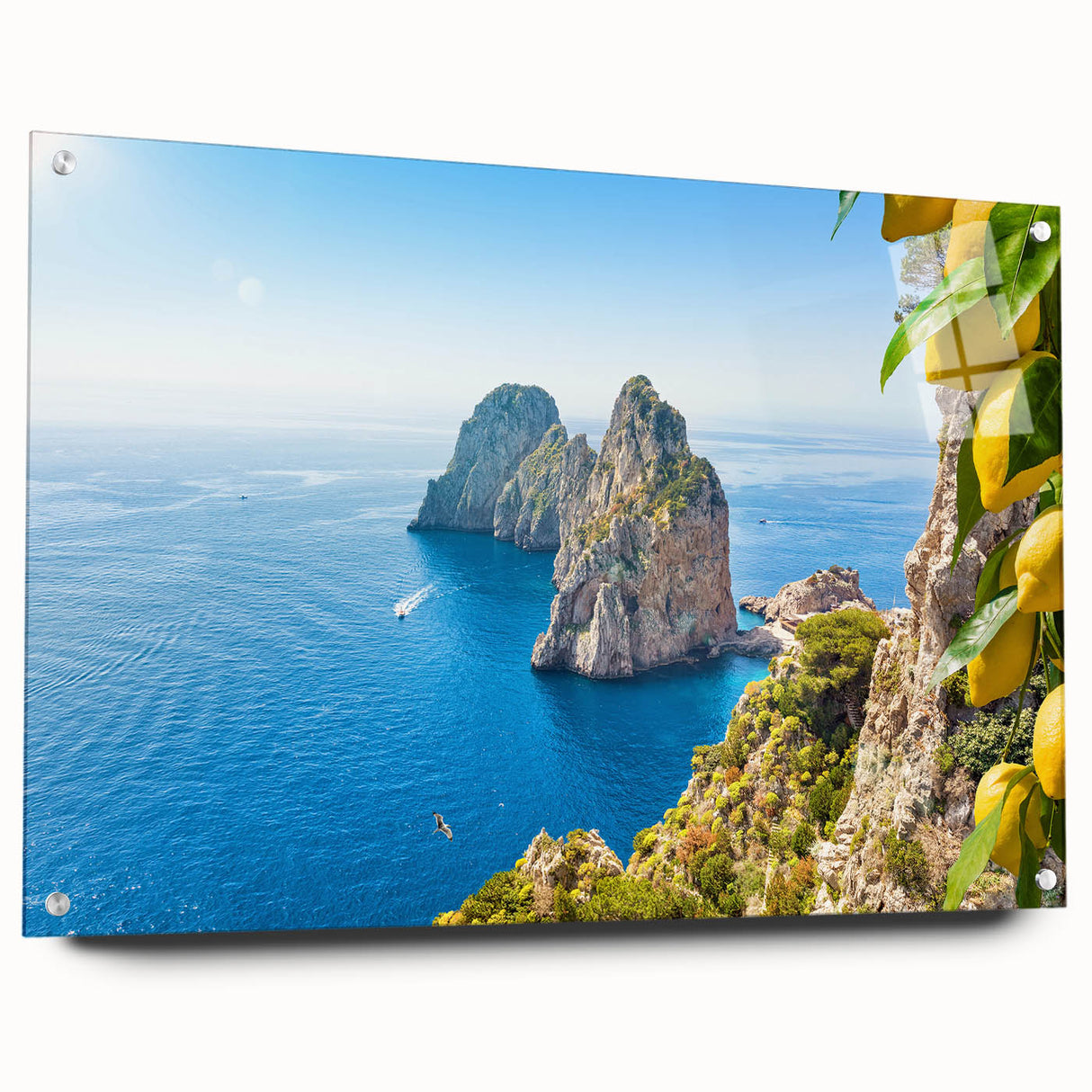 Acrylic print of Capri, Italy scenery in vibrant blue and white tones, ideal for dining room decor.