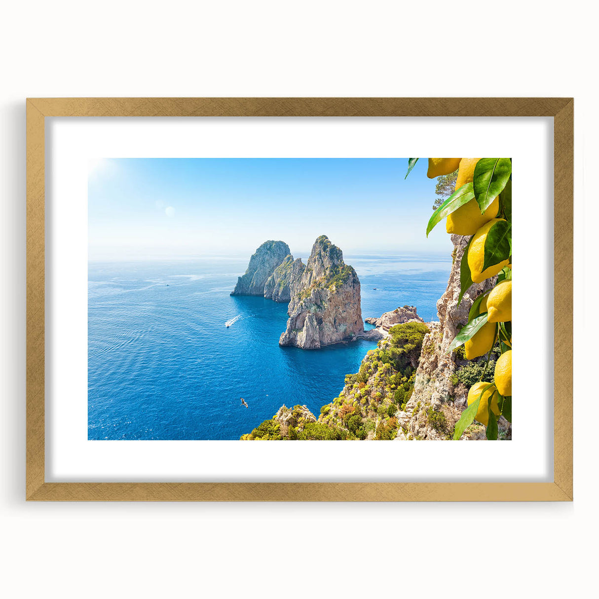 Abstract art print of Capri, Italy, featuring muted blue and peach tones on a framed canvas, ideal for dining room decor.