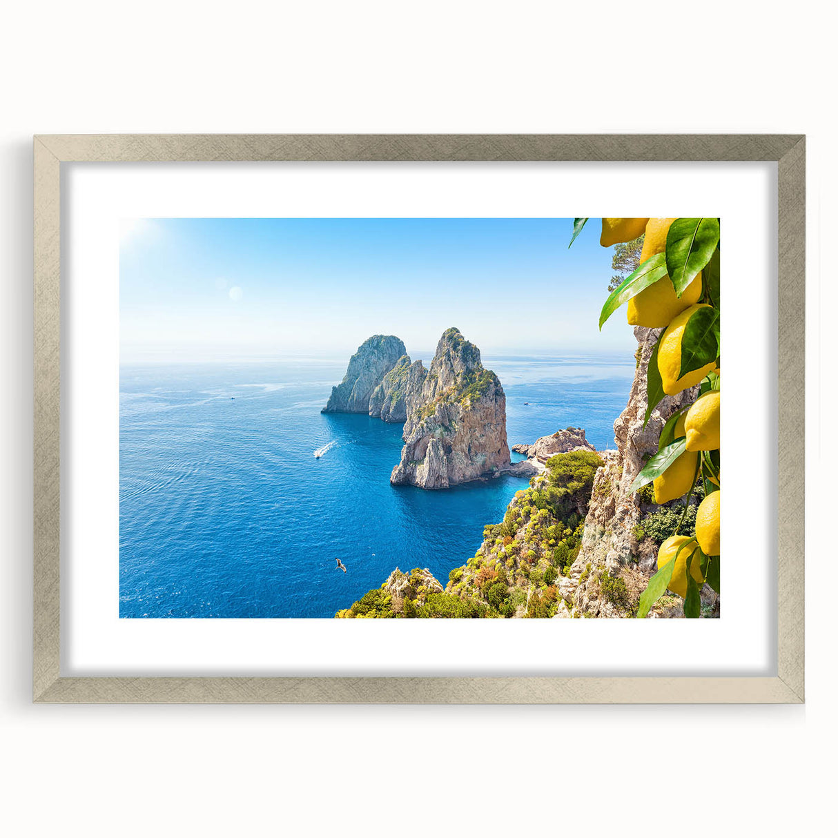 Extra large abstract art print of Capri, Italy, with textured scenery in muted earth tones on a framed canvas.