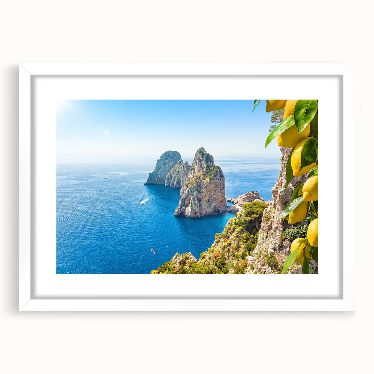 Textured abstract art print of a European scenery in Capri with muted earth tones, framed in white, ideal for bedroom art.