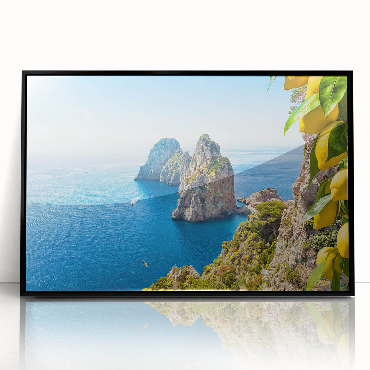 Large abstract wall art of Capri, Italy in muted earth tones on framed acrylic, suitable for modern living room decor.