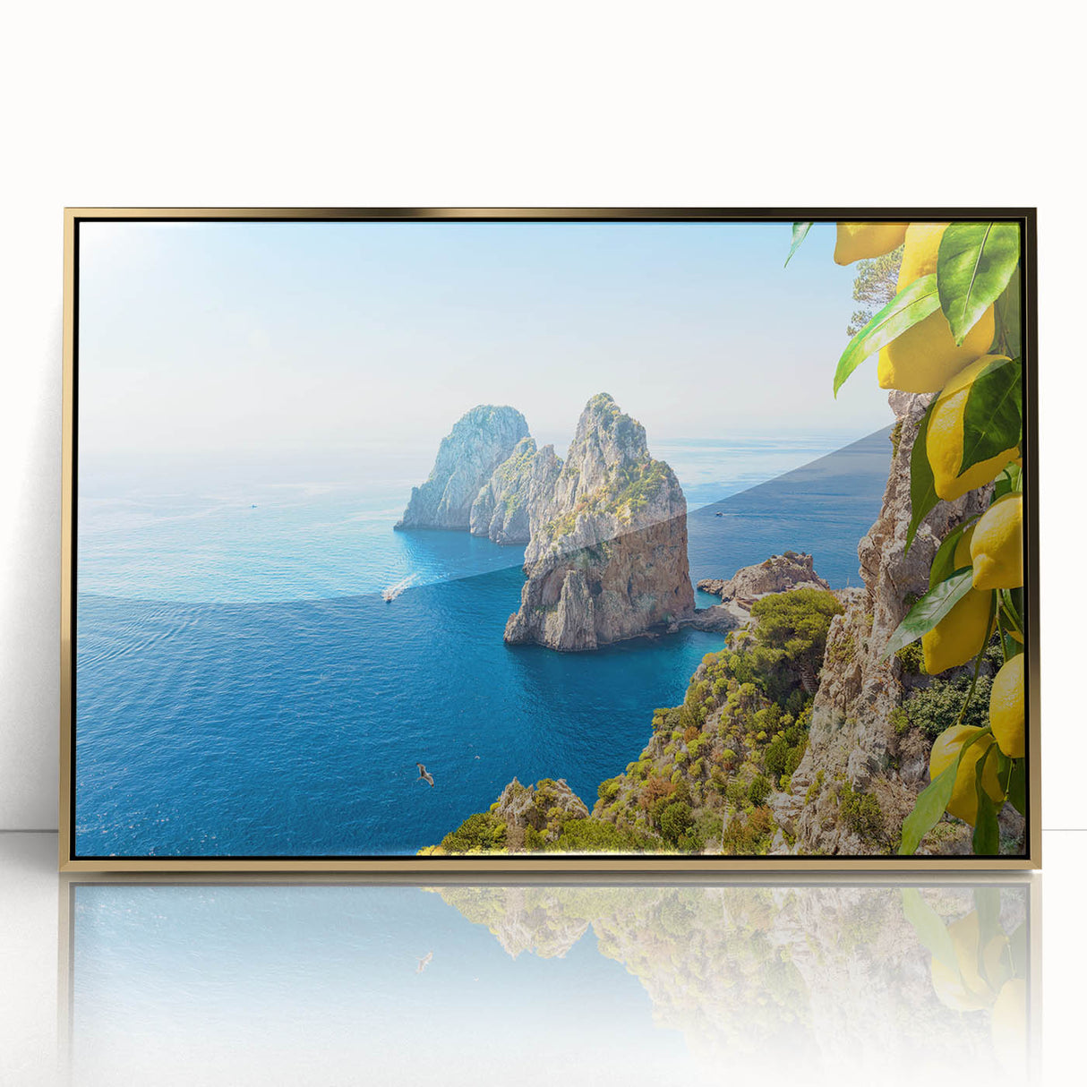Acrylic print of Capri, Italy featuring vibrant ocean blue tones and gold frame, ideal for modern art wall decor.