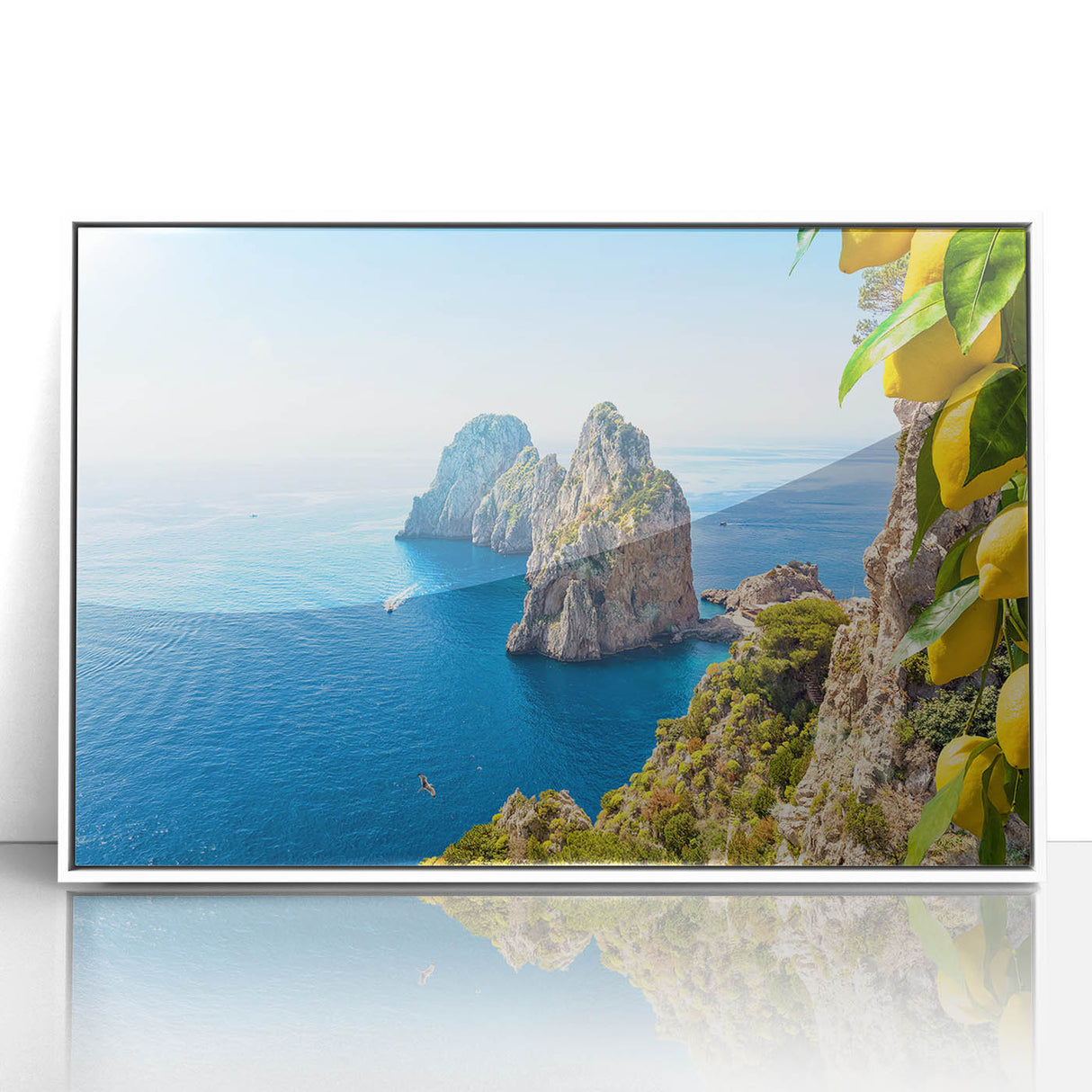 Mid-century modernist art of Capri, Italy skyline in pastel shades on a white framed acrylic, suitable for nursery wall art.