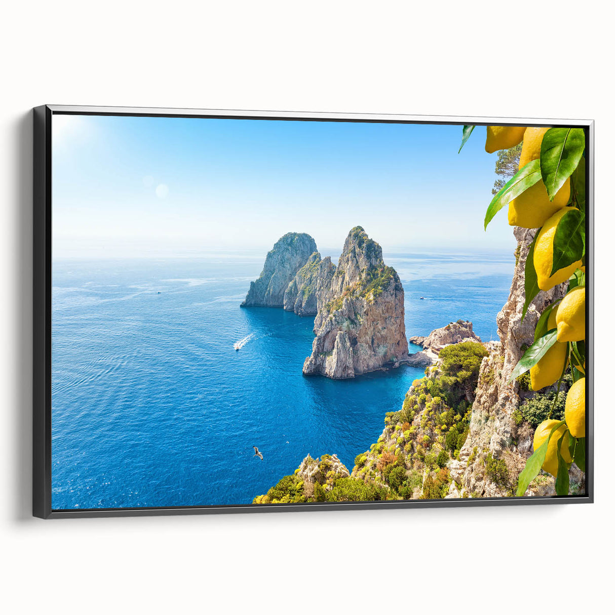 Black and white landscape art painting of Capri, Italy on framed canvas, suitable for bedroom wall decor.