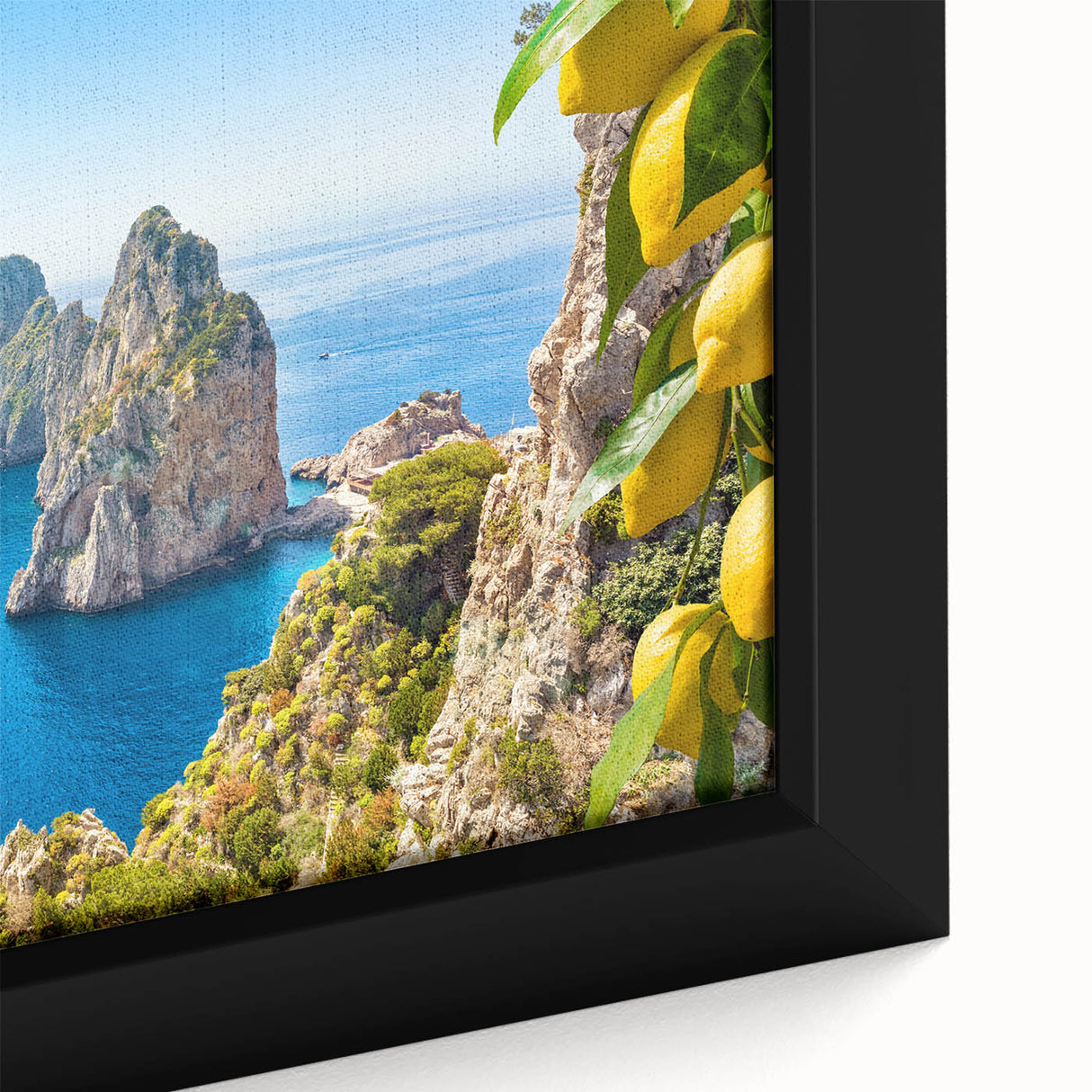 Extra large framed canvas of a textured, colorful Capri, Italy scenery in black, ideal for living room decor.