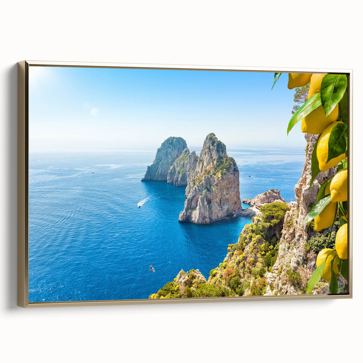 Framed canvas featuring a vintage-style landscape painting of Capri, Italy, with muted gold and black tones.