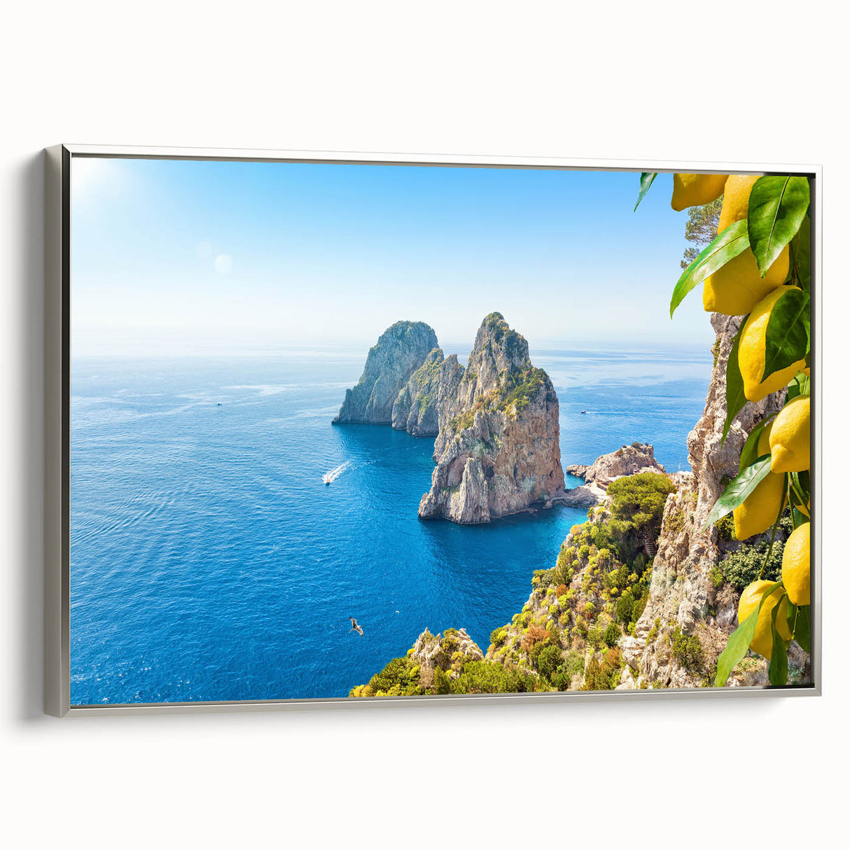 Landscape art painting of Capri, Italy, featuring colorful houses and lush greenery on framed canvas.