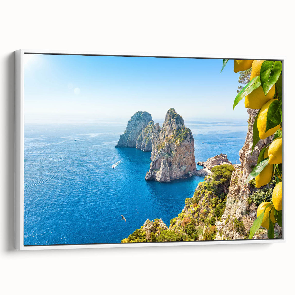 Vintage poster art of Capri, Italy in vibrant colors on a large framed canvas, suitable for living room decor.