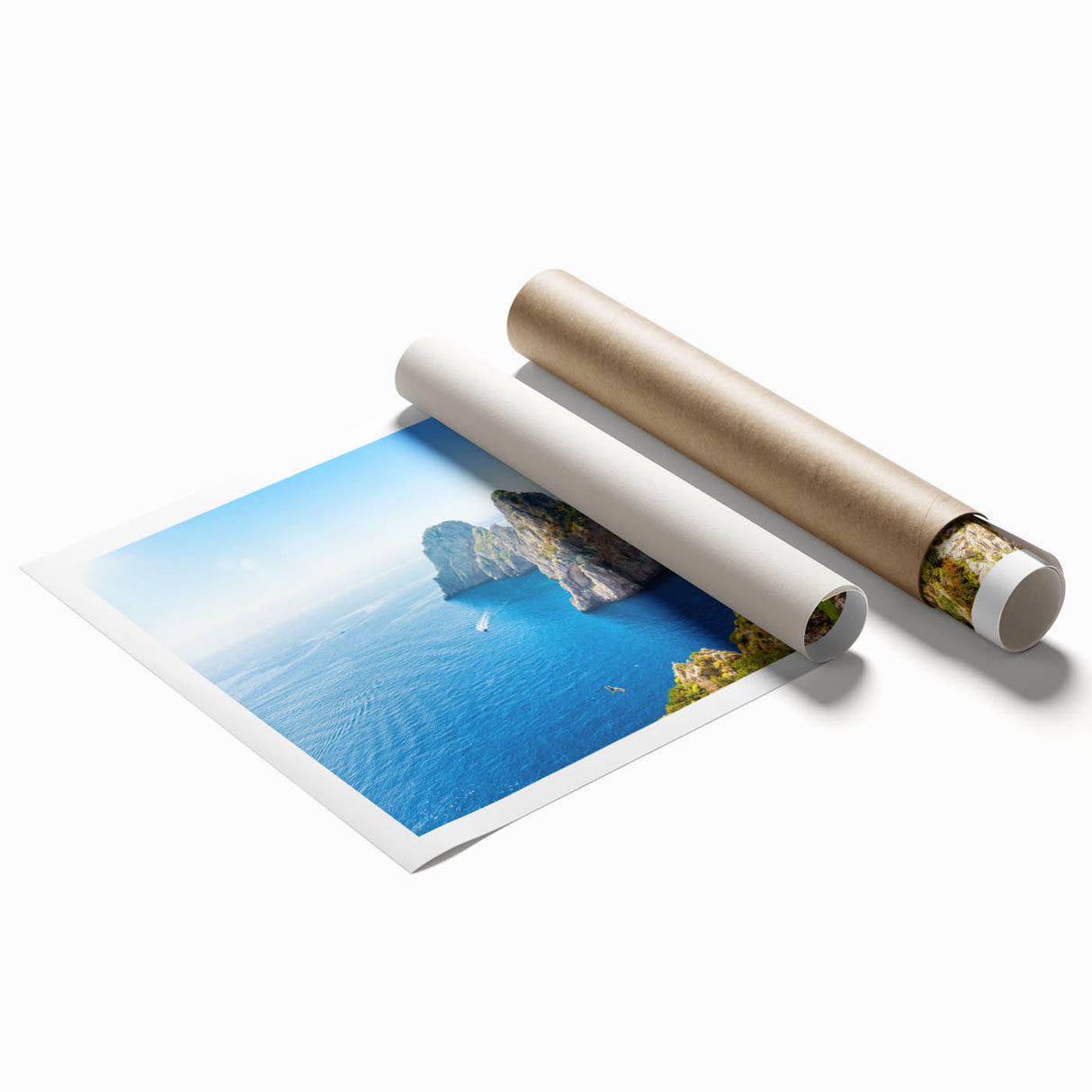 Extra large rolled print of Capri, Italy scenery with vibrant floral elements, ideal for classy bathroom wall art.