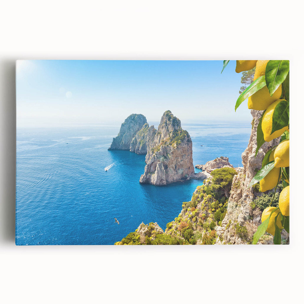 Black and white stretched canvas of Capri, Italy coastline, ideal for kitchen wall art.