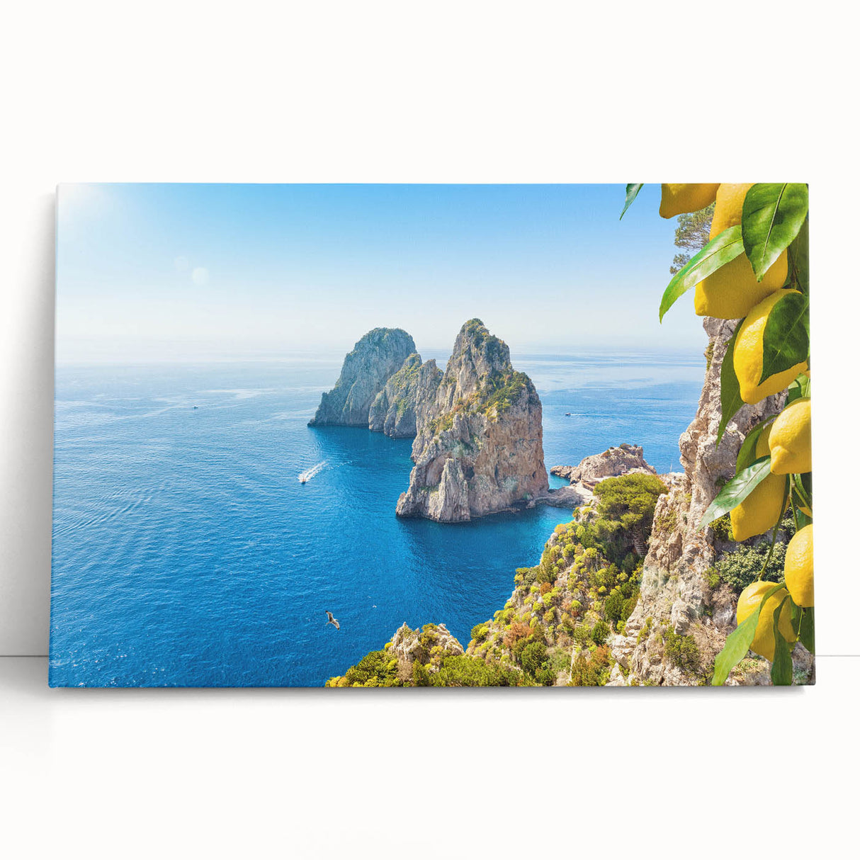 Black and white large art print of the Capri coastline on stretched canvas, ideal for kitchen wall art.