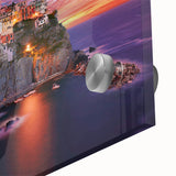 Acrylic print of Cinque Terre with vibrant coastal colors, ideal for dining room art in a mid-century modernist style.