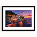 Extra large, colorful abstract art print of Cinque Terre with textured finish on framed canvas, ideal for living room decor.