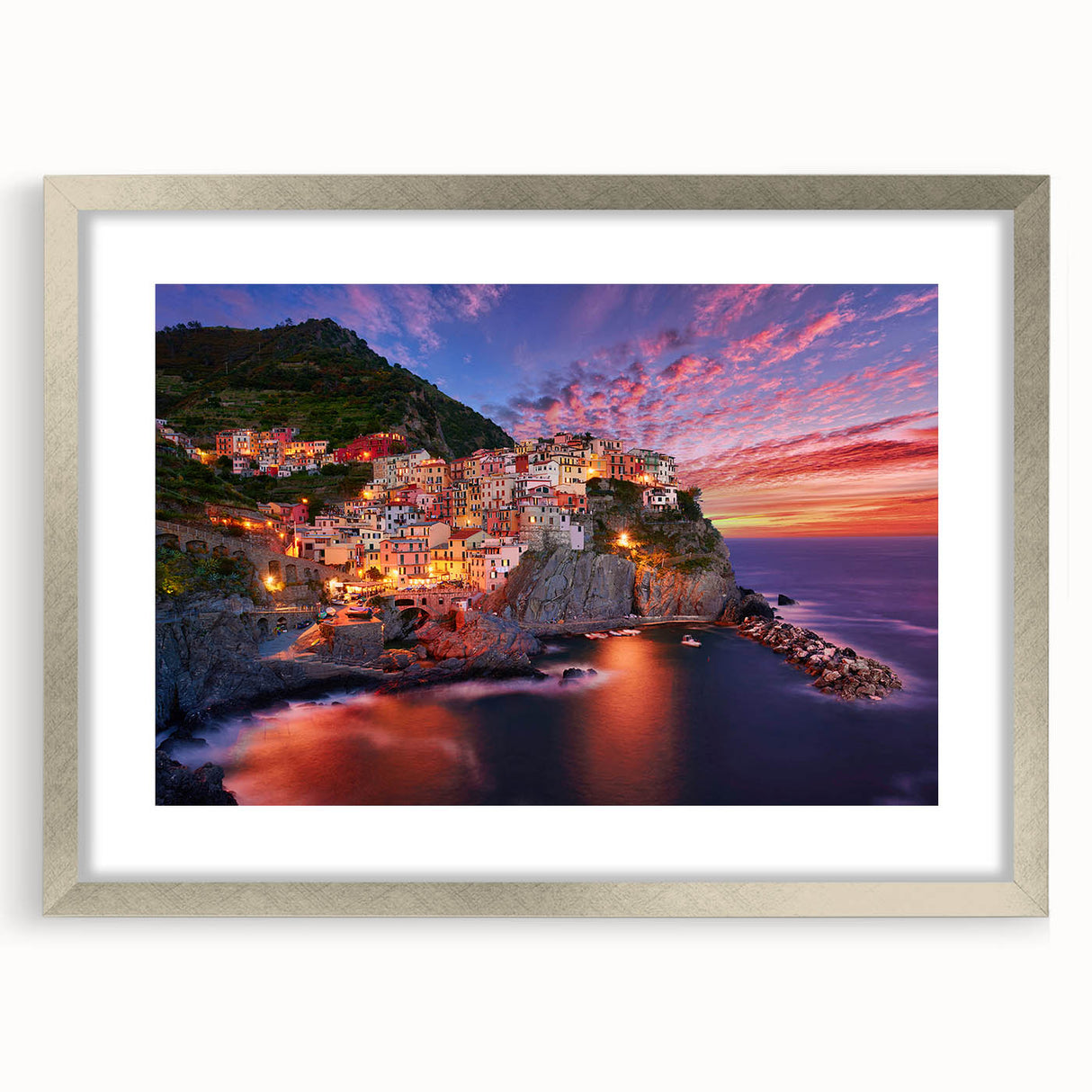 Extra large abstract art print of Cinque Terre with textured details in muted colors, framed in silver.