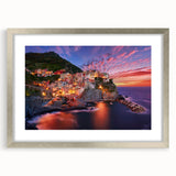 Extra large abstract art print of Cinque Terre with textured details in muted colors, framed in silver.