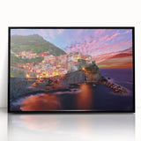 Framed acrylic print of Cinque Terre with vibrant blue and pastel hues, in a mid-century modernist style.