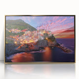 Framed acrylic print of Cinque Terre with vibrant coastal colors, ideal for modern art wall decor.