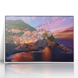 Framed acrylic print of Cinque Terre with muted pastel colors in a mid-century modernist style.