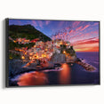 Black and white framed canvas of Cinque Terre landscape, ideal for bedroom wall art in vintage poster style.