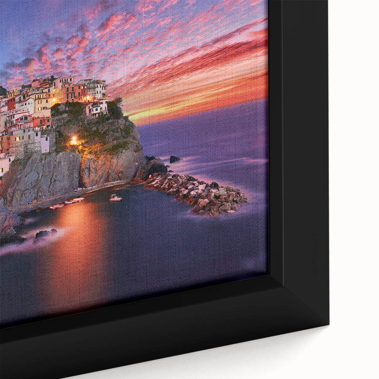 Textured black wall art of Cinque Terre with vibrant colors on a framed canvas, ideal for living room decor.