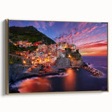 Framed canvas of Cinque Terre landscape in muted gold and black, ideal for bedroom wall art.