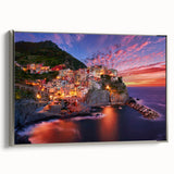Framed canvas of Cinque Terre landscape art painting featuring colorful houses and a serene sea, ideal for living room decor.