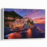 Vintage poster art of Cinque Terre with colorful buildings on framed canvas, ideal for living room decor.