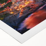 Art deco poster of Cinque Terre with pastel-colored buildings on rolled canvas, suitable for dining room wall art.