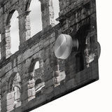 Mid-century modernist art of the Colosseum in Rome on acrylic glass, using muted earth tones, ideal for dining room art.
