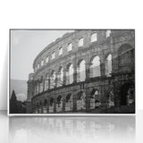 Mid-century modernist art of the Colosseum in muted earth tones, framed acrylic print, suitable for modern art wall decor.