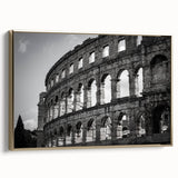 Framed canvas of the Colosseum in vintage poster style with a black and gold color palette, suitable for bedroom wall art.