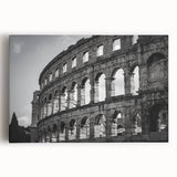 Black and white stretched canvas of the Colosseum in Rome, ideal for kitchen wall art or bedroom decor.