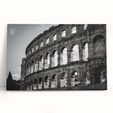 Black and white stretched canvas of the Colosseum in Rome, ideal for kitchen wall art.