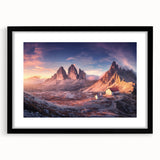 Abstract art print of the Dolomites in vibrant colors on a large framed canvas, ideal for living room decor.