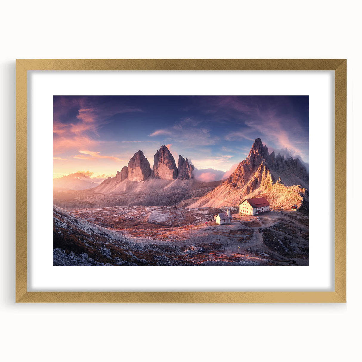 Abstract art print of the Dolomites in muted earth tones on a framed canvas, ideal for dining room decor.
