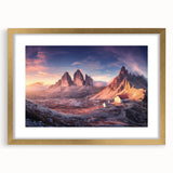 Abstract art print of the Dolomites in muted earth tones on a framed canvas, ideal for dining room decor.