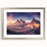 Extra large wall art of abstract Dolomites scenery in textured silver frame, ideal for living room decor.