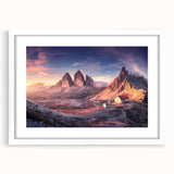 Textured art print of the Dolomites in muted earth tones on a white-framed canvas, ideal for bedroom decor.