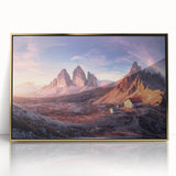 Acrylic print of the Dolomites in Italy, featuring muted earth tones in an art deco style, ideal for modern art wall decor.