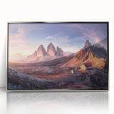 Large art print of the Dolomites in Italy, mid-century modernist style on framed acrylic, ideal for modern art wall decor.