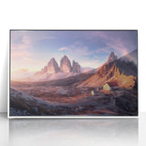 Mid-century modernist art of the Dolomites in Italy, with muted earth tones on a framed acrylic, ideal for nursery wall art.