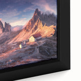 Extra large framed canvas of a black and colorful textured art depicting the Dolomites in Italy, ideal for living room decor.