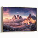 Framed canvas featuring a vintage-style landscape painting of the Dolomites in Italy, with muted gold and black tones.