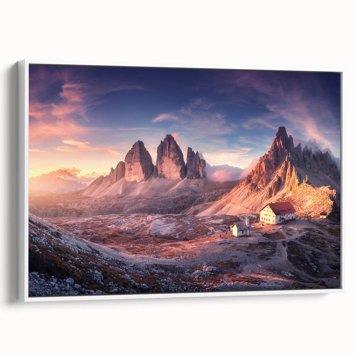 Vintage poster art of the Dolomites in vibrant colors on a framed canvas, ideal for living room decor.