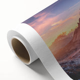 Art deco poster of Dolomites scenery in muted green and blue tones on rolled canvas, suitable for nursery wall art.