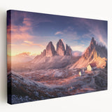 Stretched canvas depicting the Dolomites in Italy with muted green and earth tones, suitable for kitchen wall art.