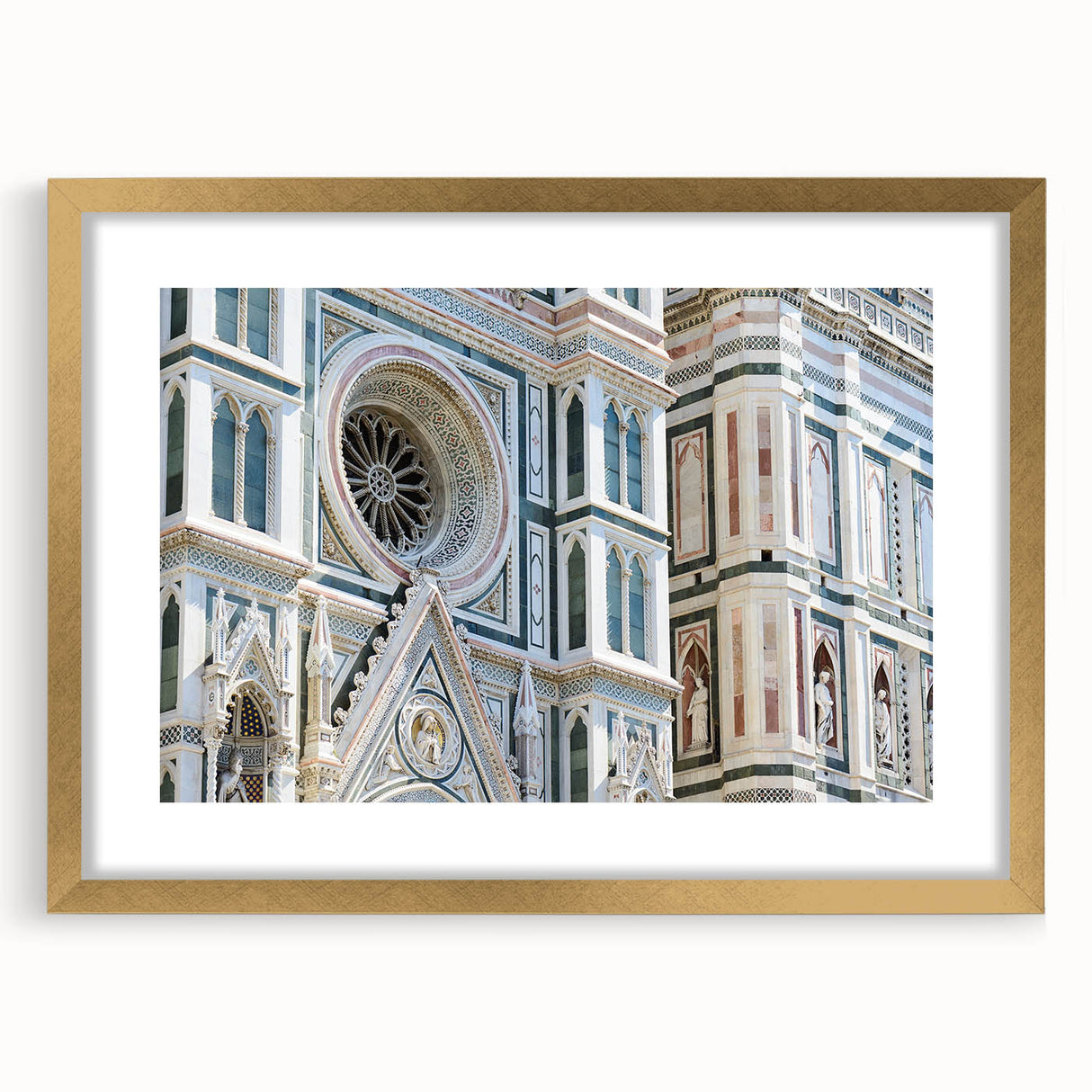 Abstract art print of Florence skyline in gold frame, featuring muted earth tones, ideal for dining room decor.
