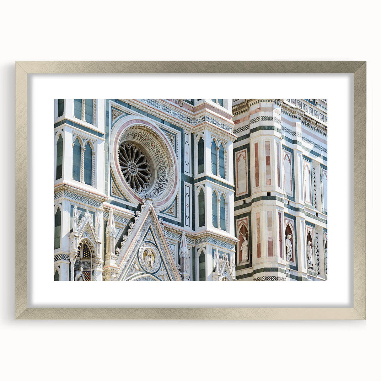 Extra large framed wall art of an abstract Florence cityscape in textured silver, ideal for living room decor.