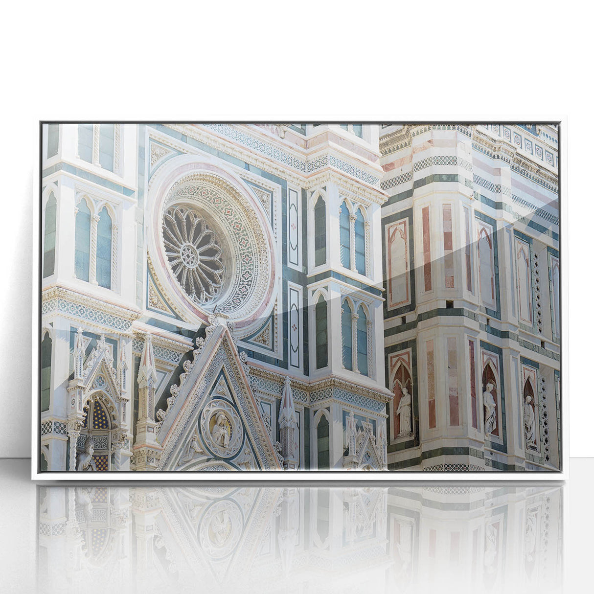 Framed acrylic print of Florence skyline with muted earth tones, in a mid-century modernist style.